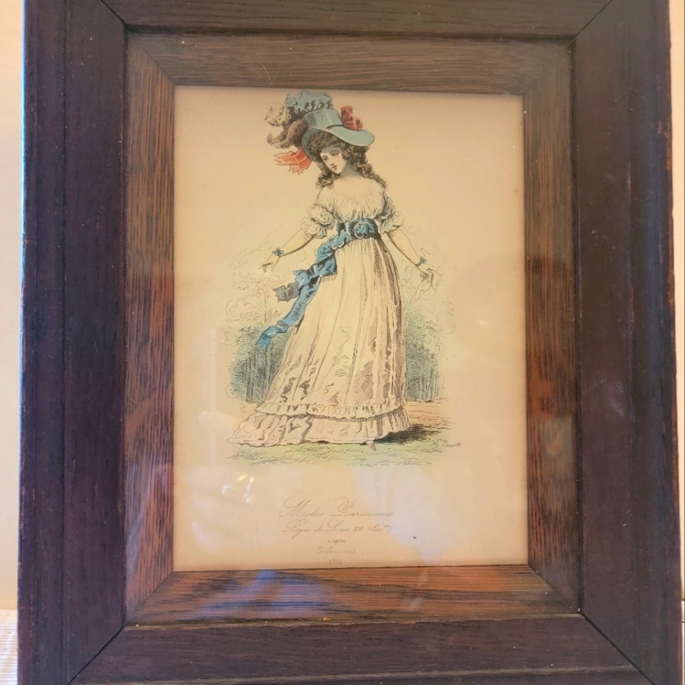Vintage French Fashion Print in shadow box Walnut frame